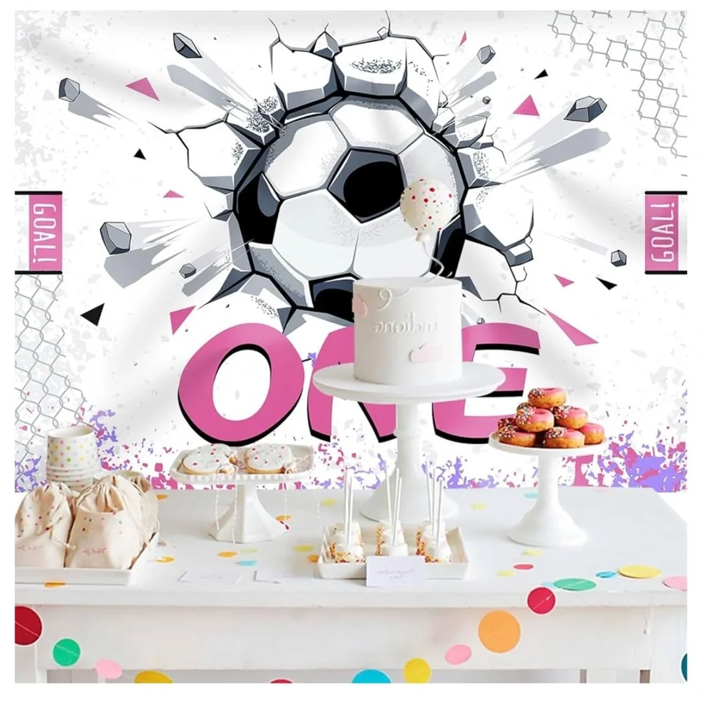 Soccer Themed 1st Birthday Backdrop, 5 x 7, for Girls Sports Game Time Goal